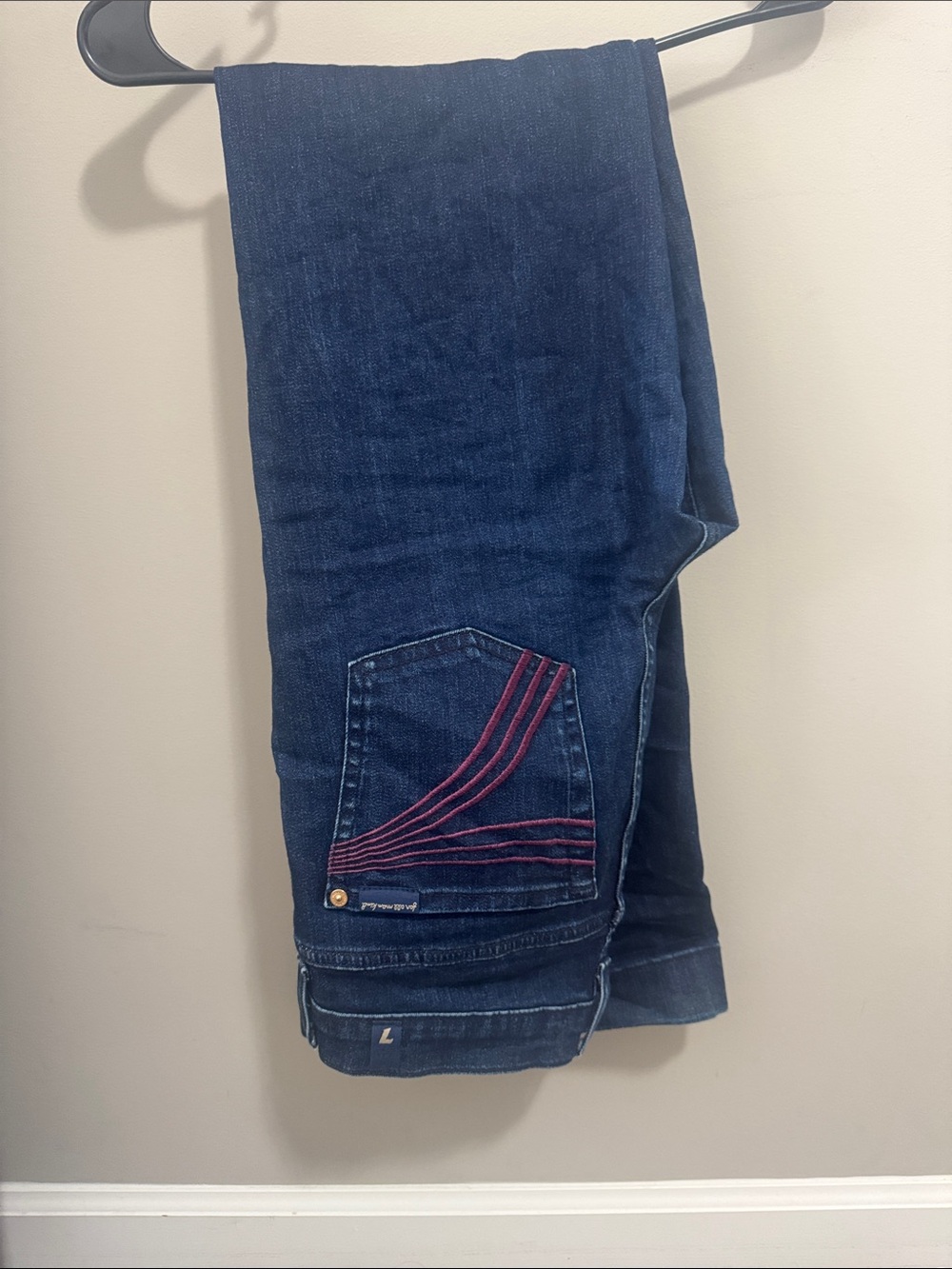 7 For All Mankind Dark Blue Skinny Jeans with Pink Back Pocket Stitching
